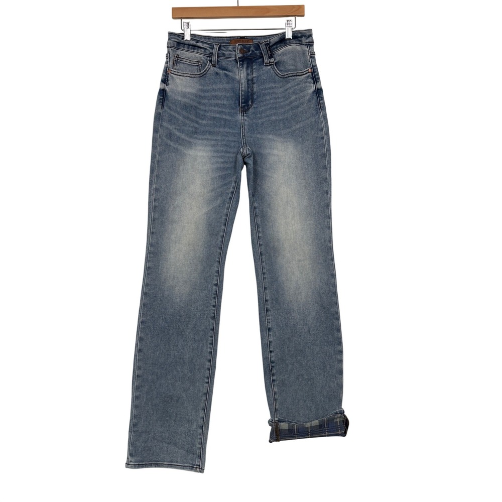 Judy Blue Women Straight Jeans 11/30 Blue Plaid Lined Cuffed JB88747 MD Stretch